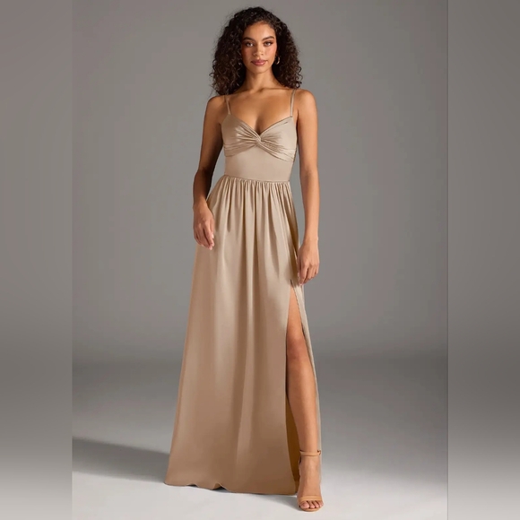 Azazie Dresses & Skirts - Azazie ZEYA Taupe A-Line Pleated Stretch Satin Maxi Dress - Small Custom Size